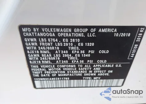 2019 Volkswagen Atlas 3.6L V6 Se W/Technology from USA, damaged, VIN 1V2WR2CA6KC511793